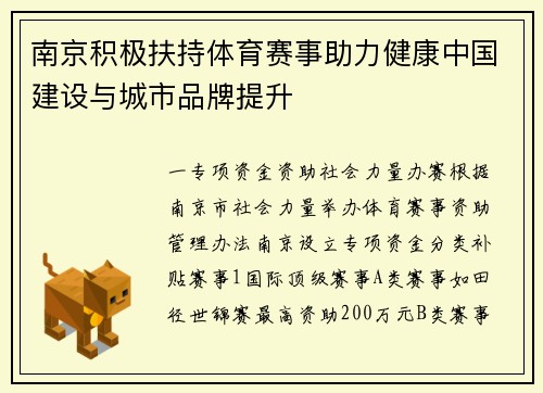 南京积极扶持体育赛事助力健康中国建设与城市品牌提升